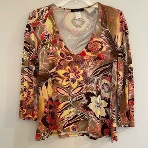 Jonden Y2K V-Neck Abstract Floral Print Super Soft Knit Top 3/4 Sleeves Women XL
